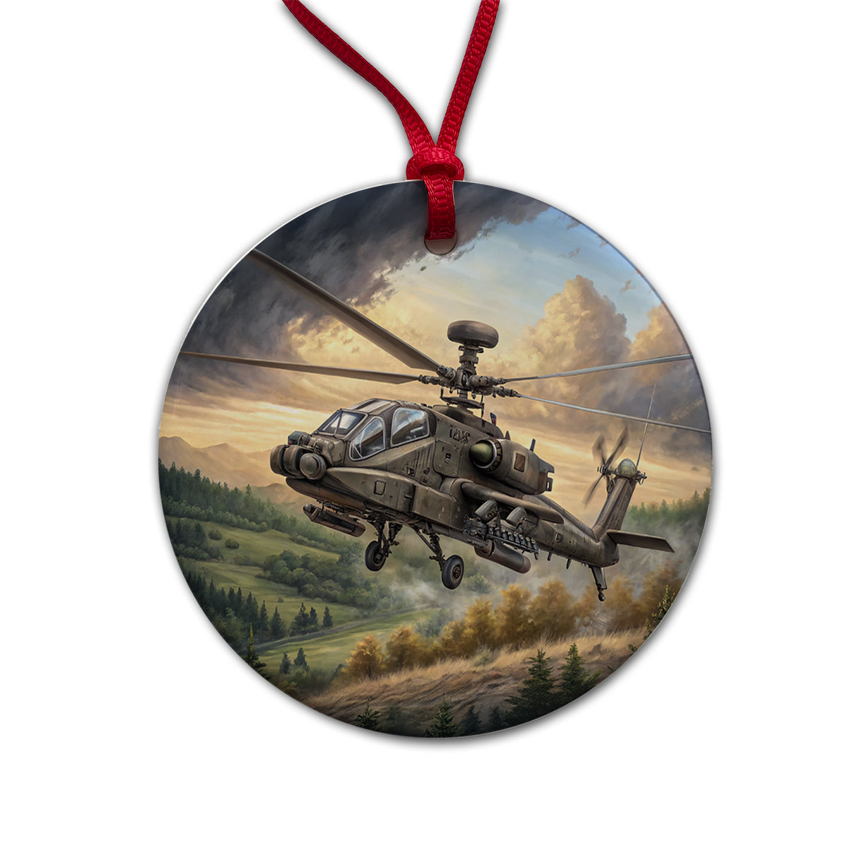 AH-64 Apache US Army Attack Helicopter Flying Round Ceramic Holiday Christmas Tree Ornament