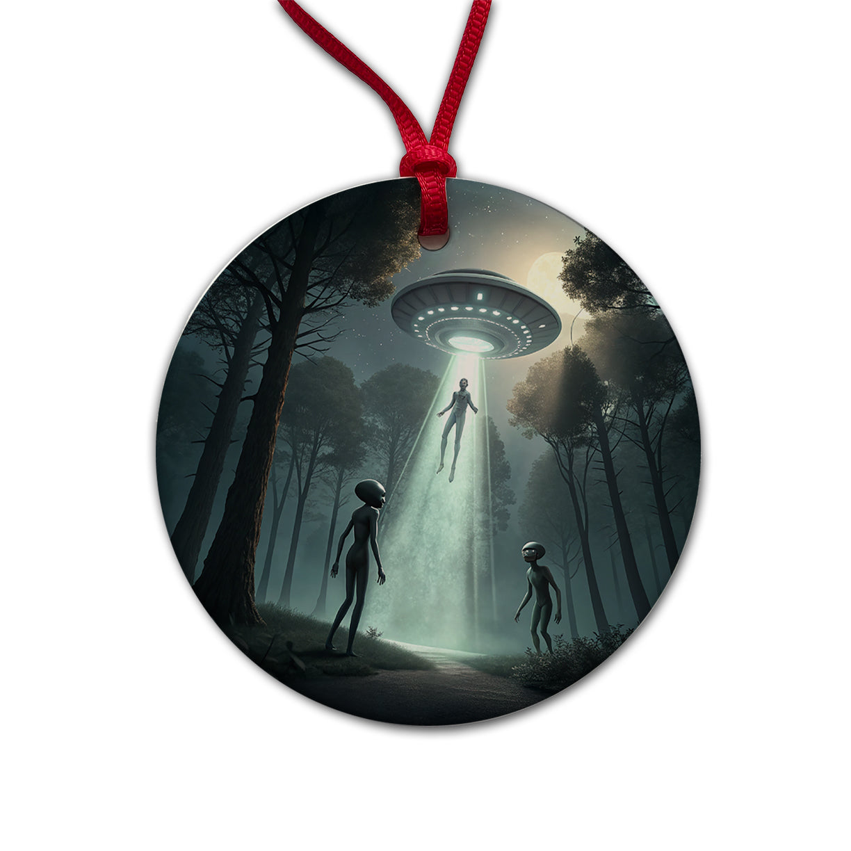 Alien Abduction in the Woods Sci-fi Round Ceramic Holiday Christmas Tree Ornament