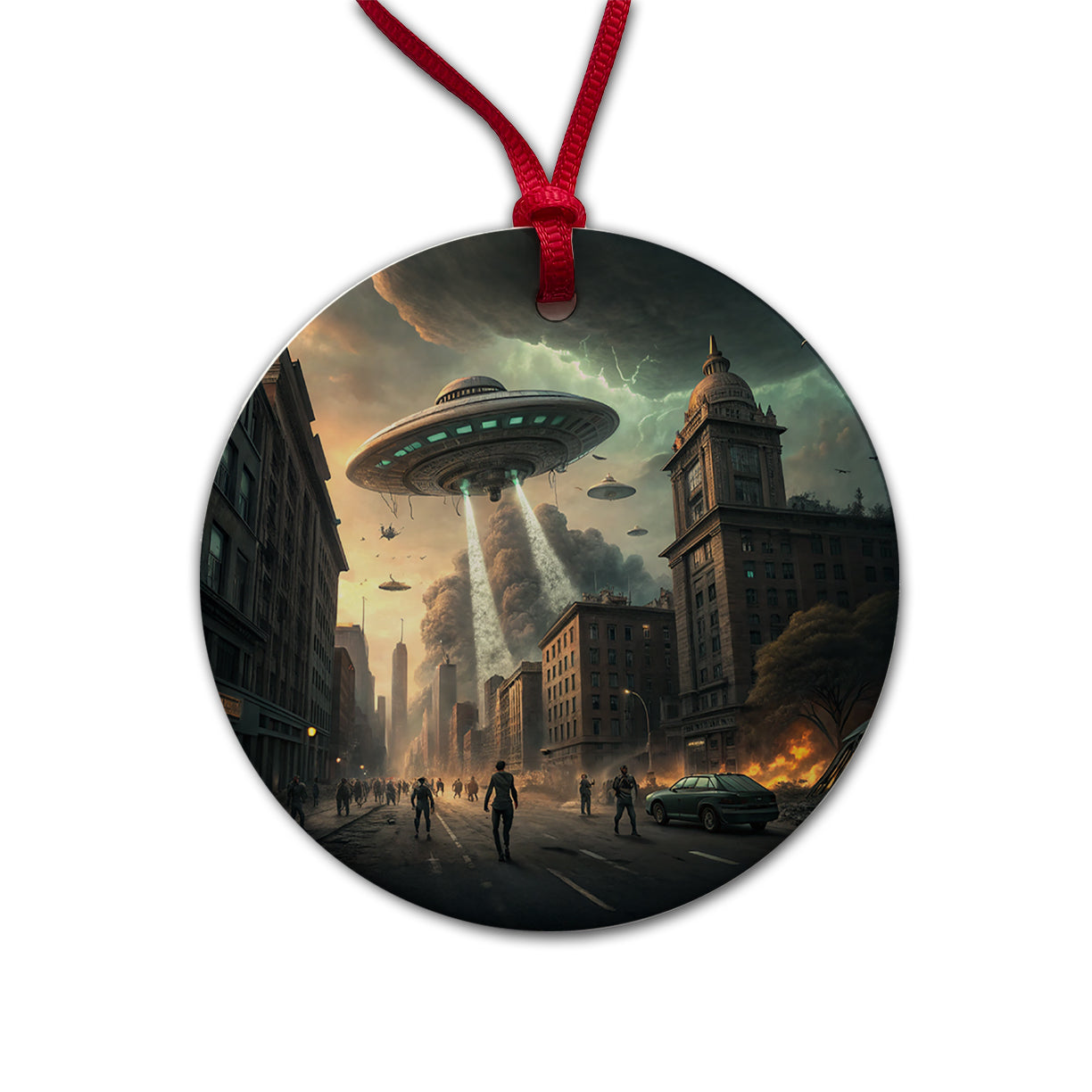 Alien Martian Invasion Destruction Of Earth Sci-fi Round Ceramic Holiday Christmas Tree Ornament
