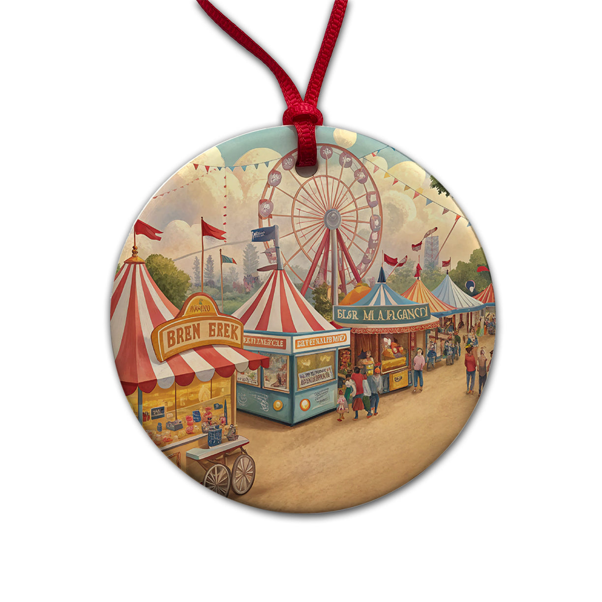 Americana State Fair Scene Round Ceramic Holiday Christmas Tree Ornament