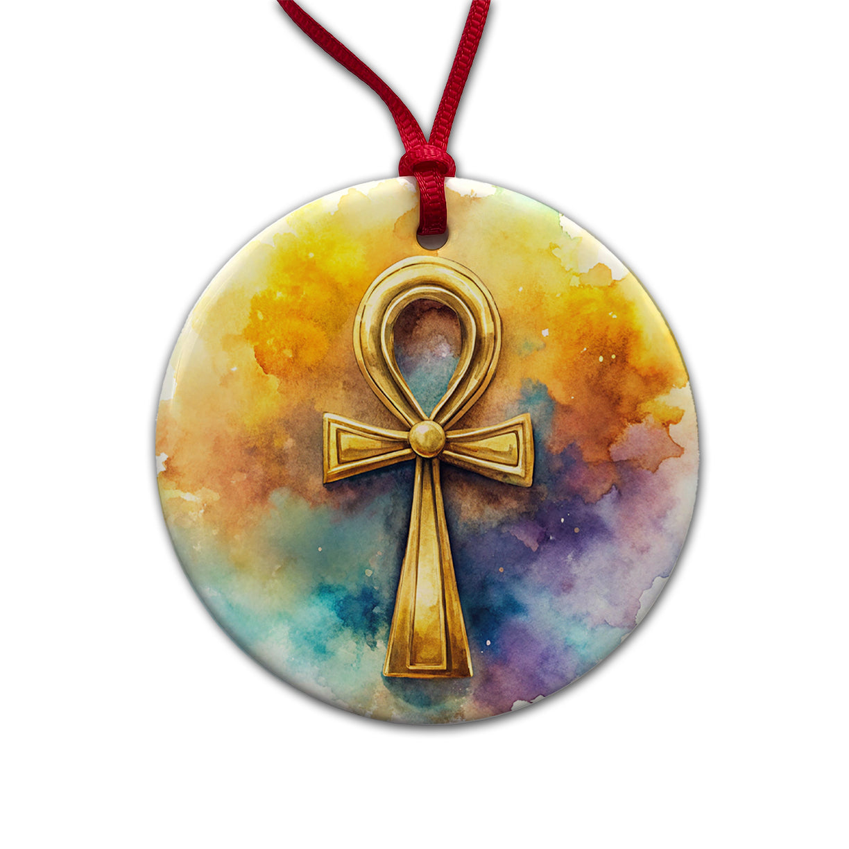 Ancient Egyptian Gold Ankh Watercolor Round Ceramic Holiday Christmas Tree Ornament