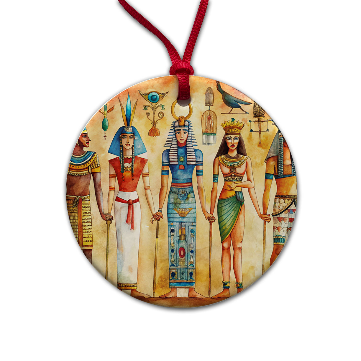 Ancient Egyptian Hieroglyphics Pharaohs Gods Watercolor Round Ceramic Holiday Christmas Tree Ornament