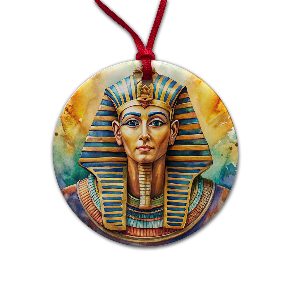 Ancient Egyptian Pharaoh Watercolor Round Ceramic Holiday Christmas Tree Ornament