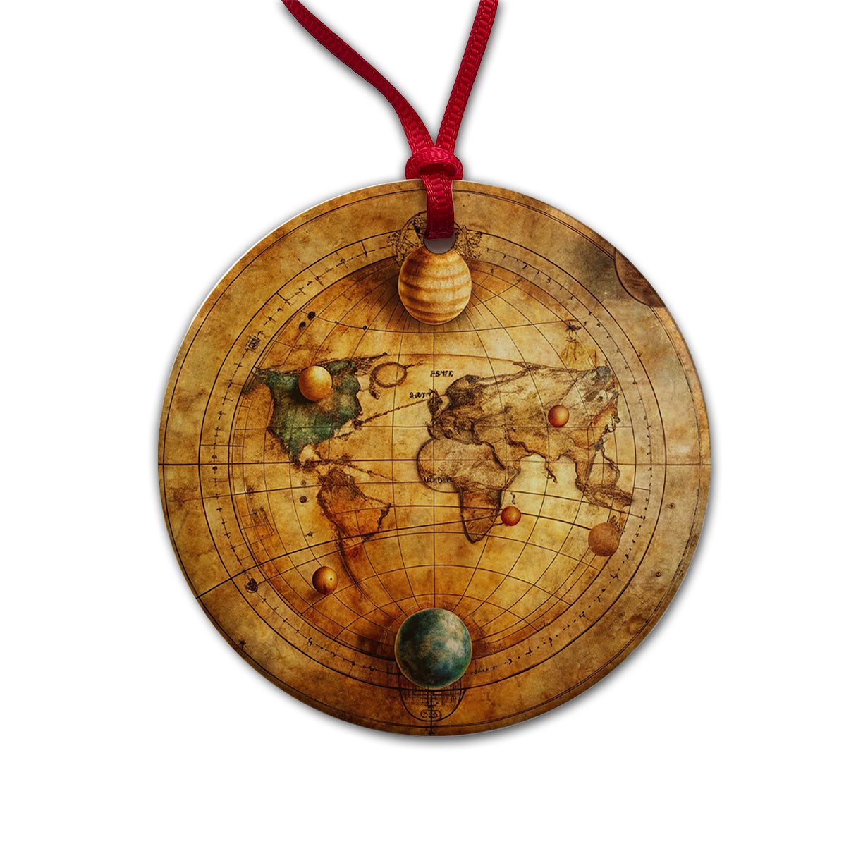 Ancient Worn Map Of The Earth and Solar System Round Ceramic Holiday Christmas Tree Ornament