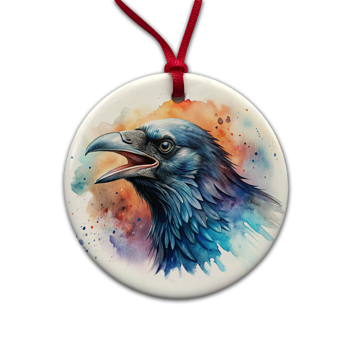 Angry Raven Watercolor Round Ceramic Holiday Christmas Tree Ornament