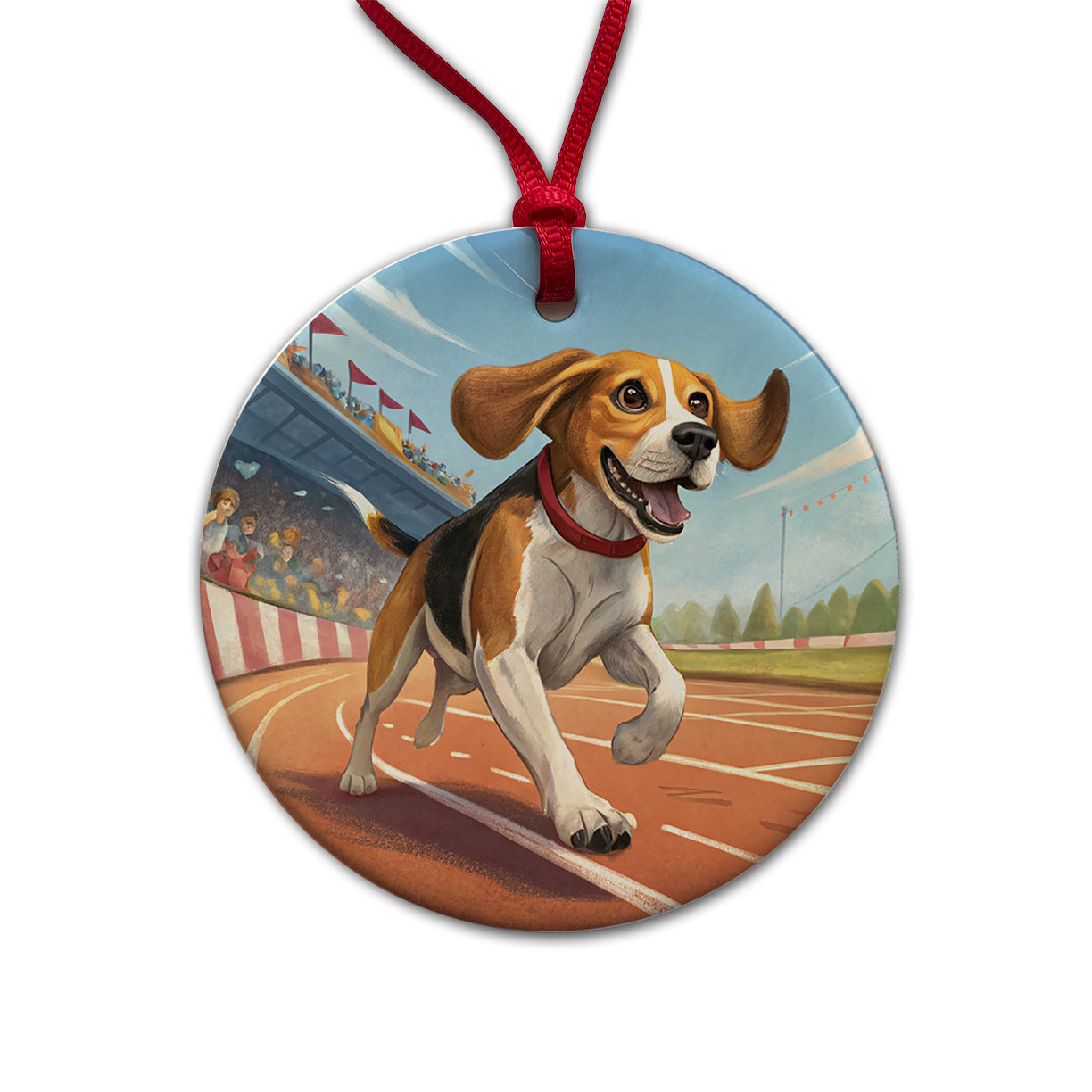 Beagle Dog Racing Round Ceramic Holiday Christmas Tree Ornament