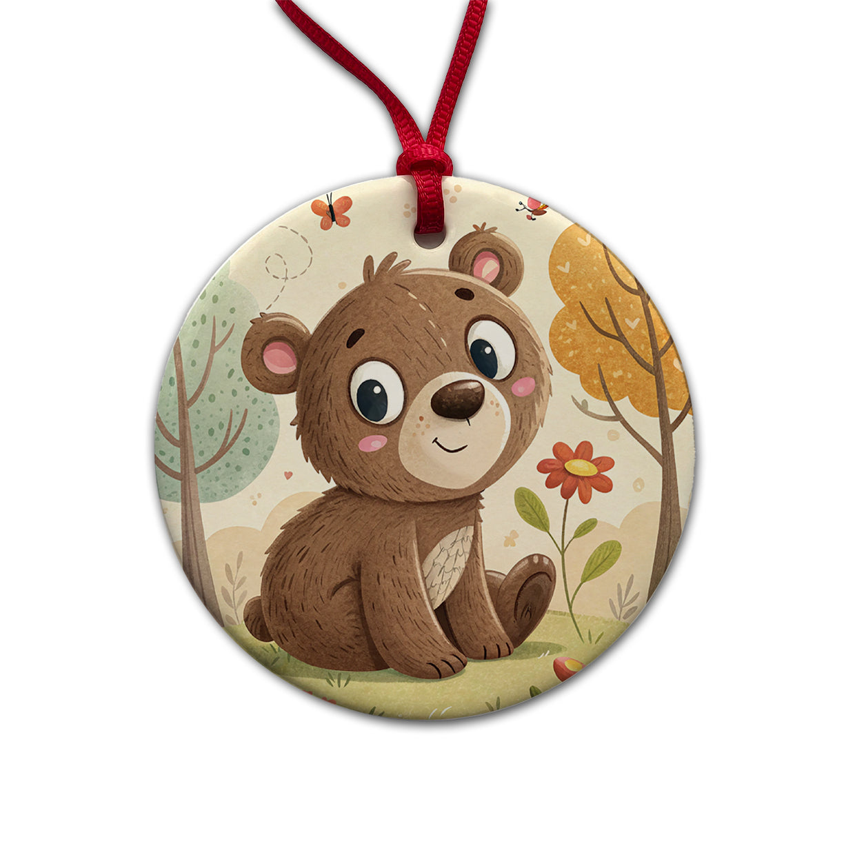 Bear Children's Illustration Style Round Ceramic Holiday Christmas Tree Ornament