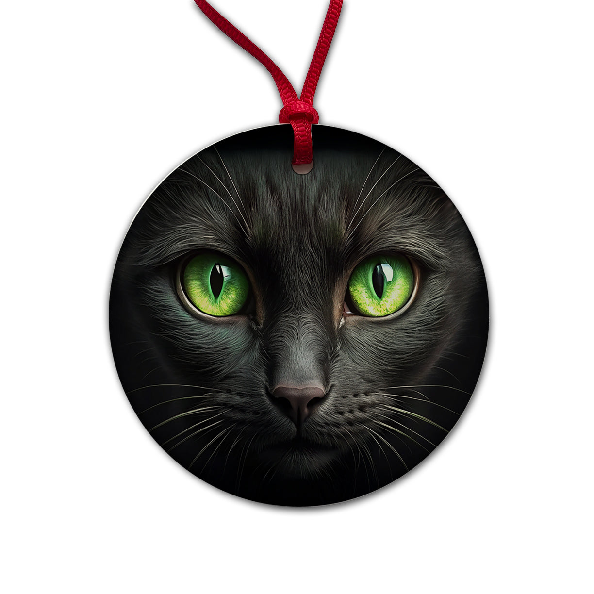 Black Cat with Green Eyes Round Ceramic Holiday Christmas Tree Ornament
