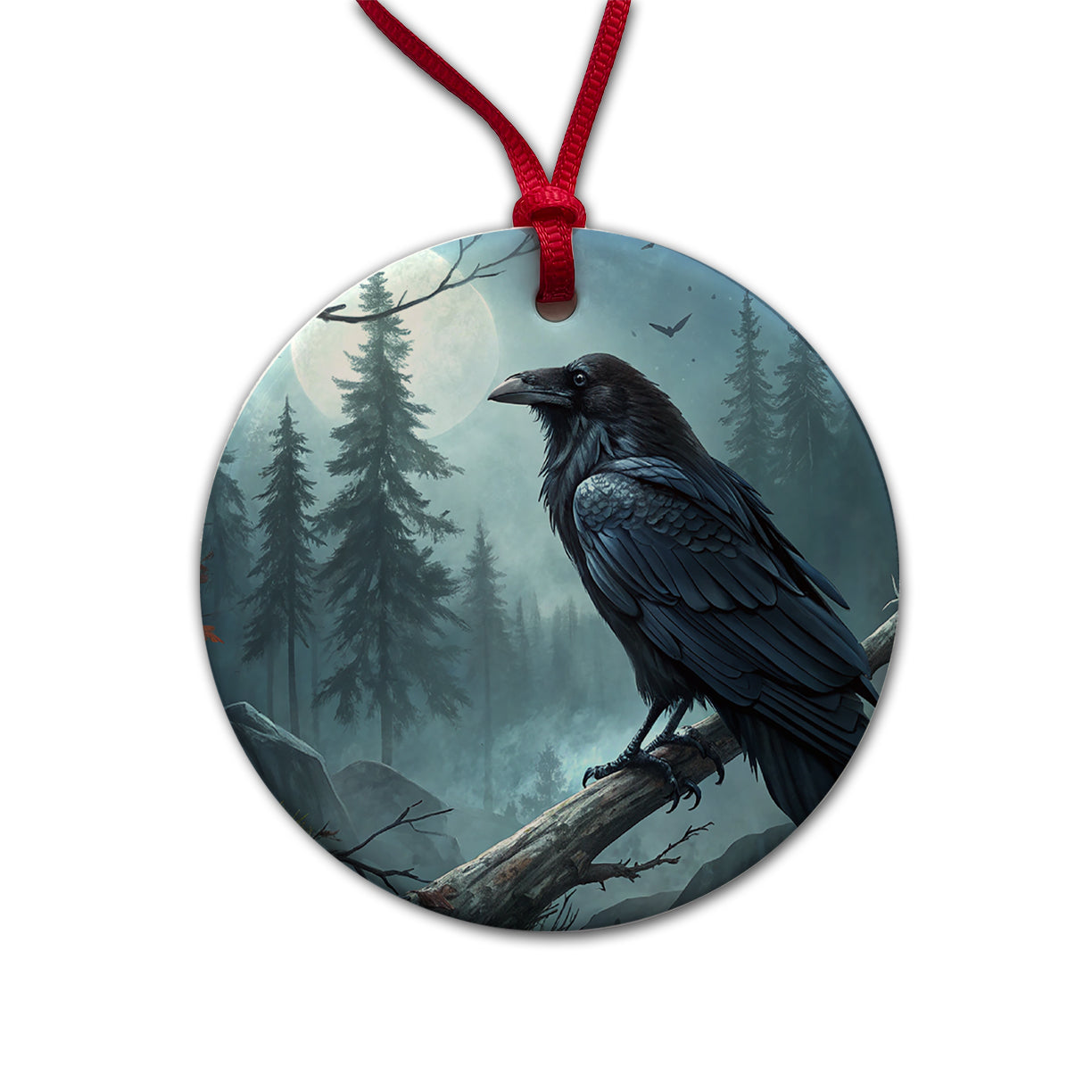 Black Raven at Night Under a Full Moon Round Ceramic Holiday Christmas Tree Ornament