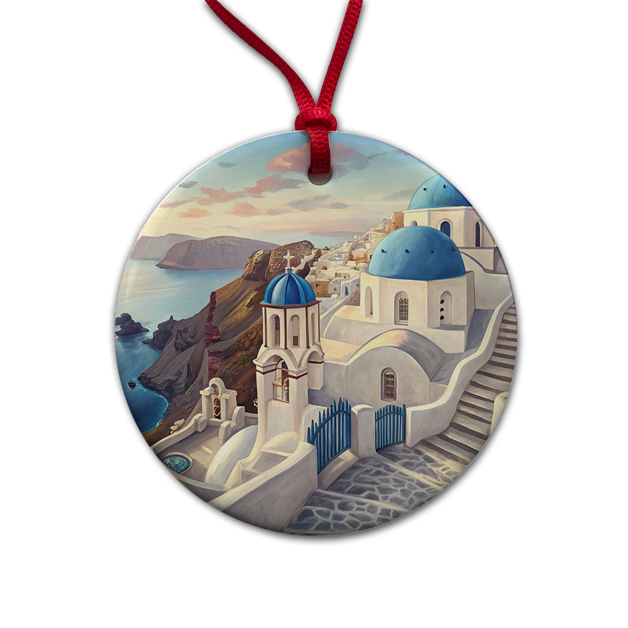 Blue Domes Of Oia Santorini Greece Aegean Sea Round Ceramic Holiday Christmas Tree Ornament