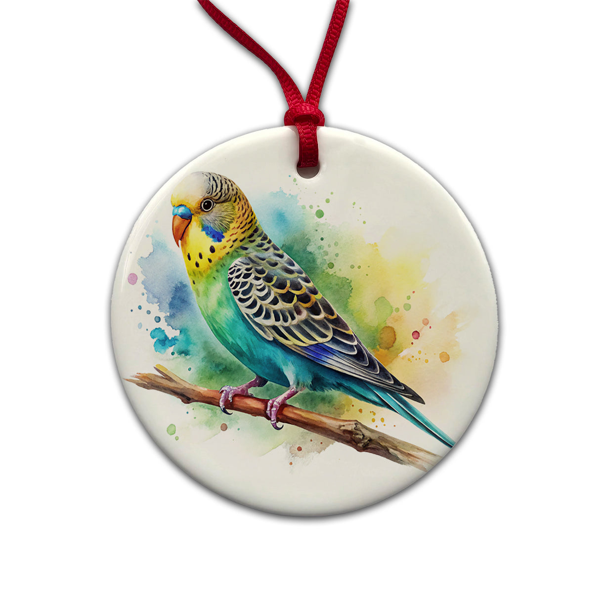 Budgerigar Budgie Parakeet Bird Watercolor Round Ceramic Holiday Christmas Tree Ornament