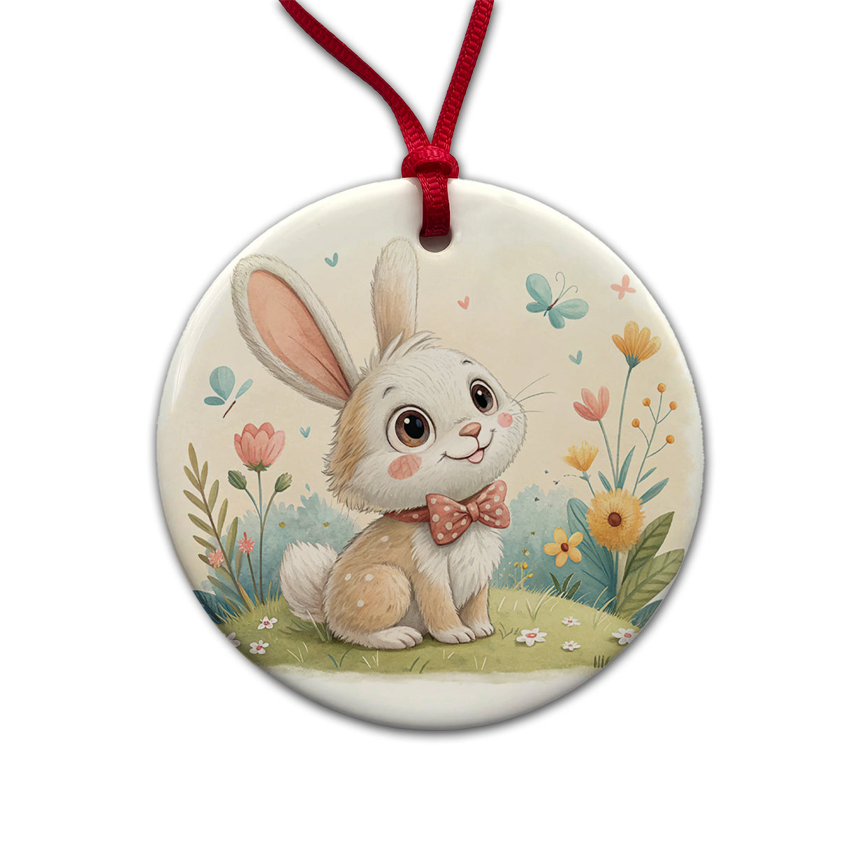 Bunny Rabbit Children's Illustration Style Round Ceramic Holiday Christmas Tree Ornament