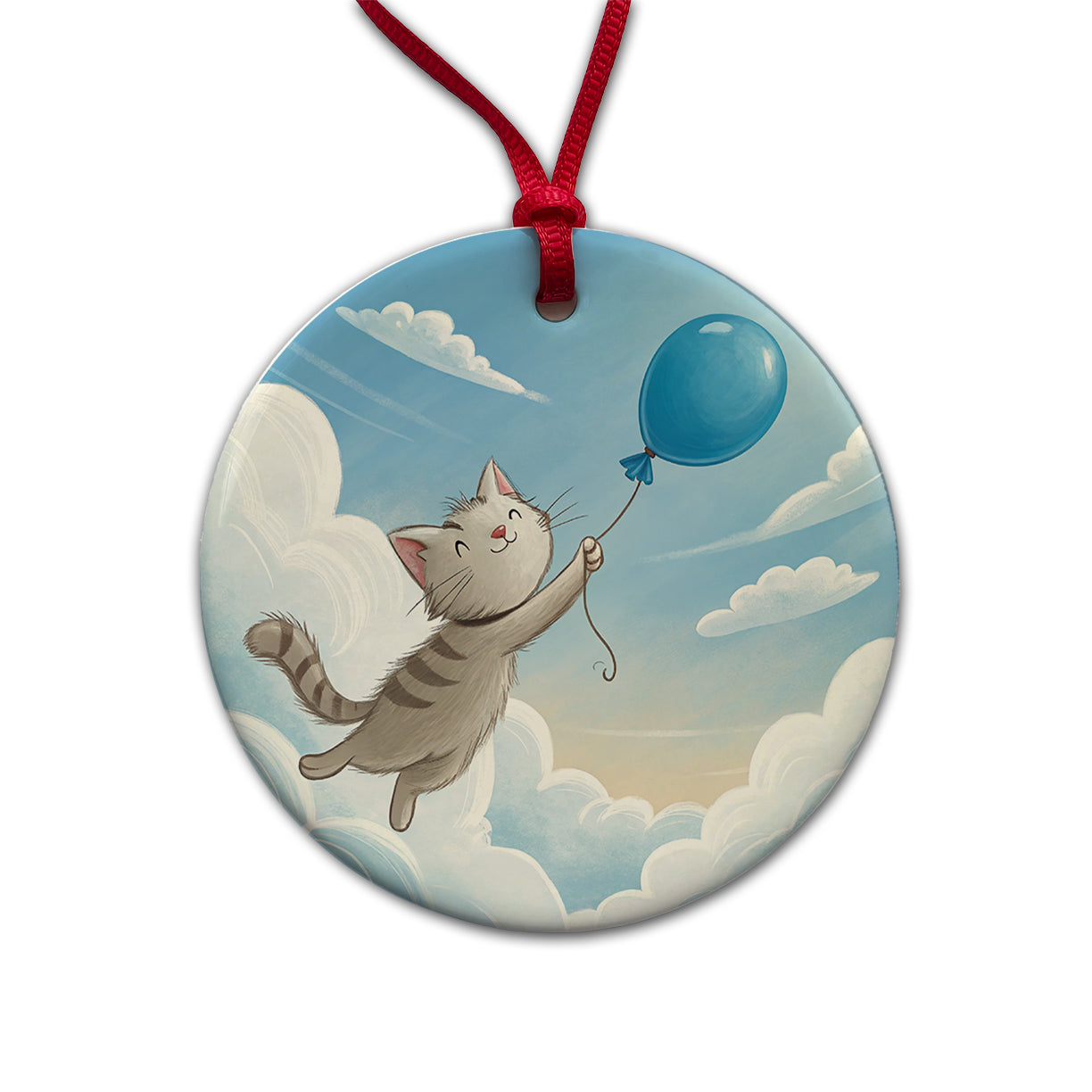 Cat Carried by Blue Balloon into the Sky Round Ceramic Holiday Christmas Tree Ornament