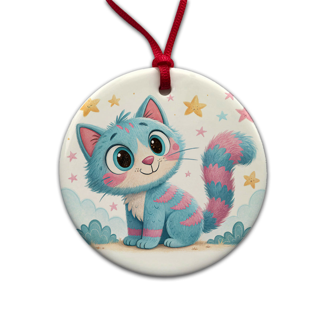 Cat Children's Illustration Style Round Ceramic Holiday Christmas Tree Ornament