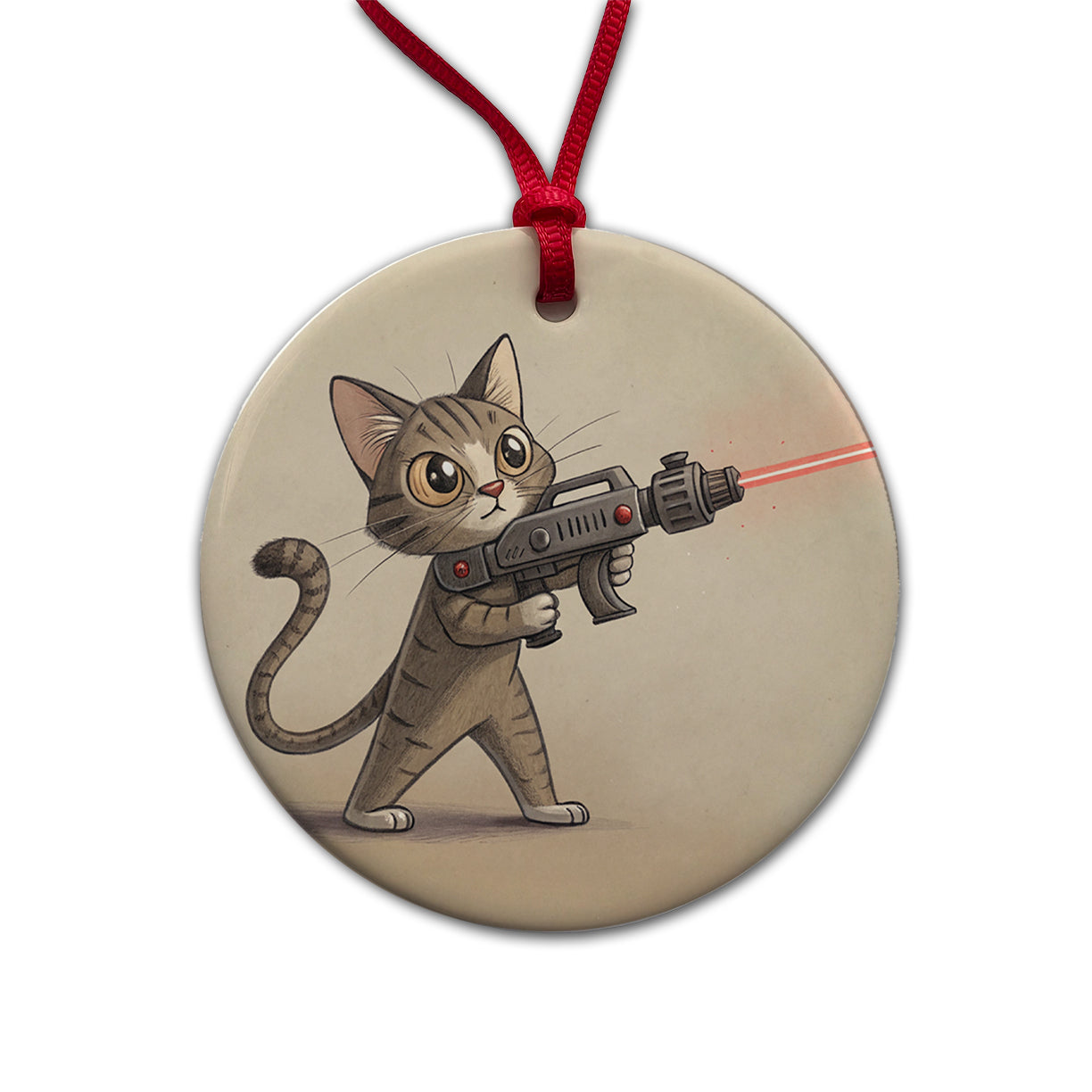 Cat With Laser Gun Sci-fi Cartoon Round Ceramic Holiday Christmas Tree Ornament