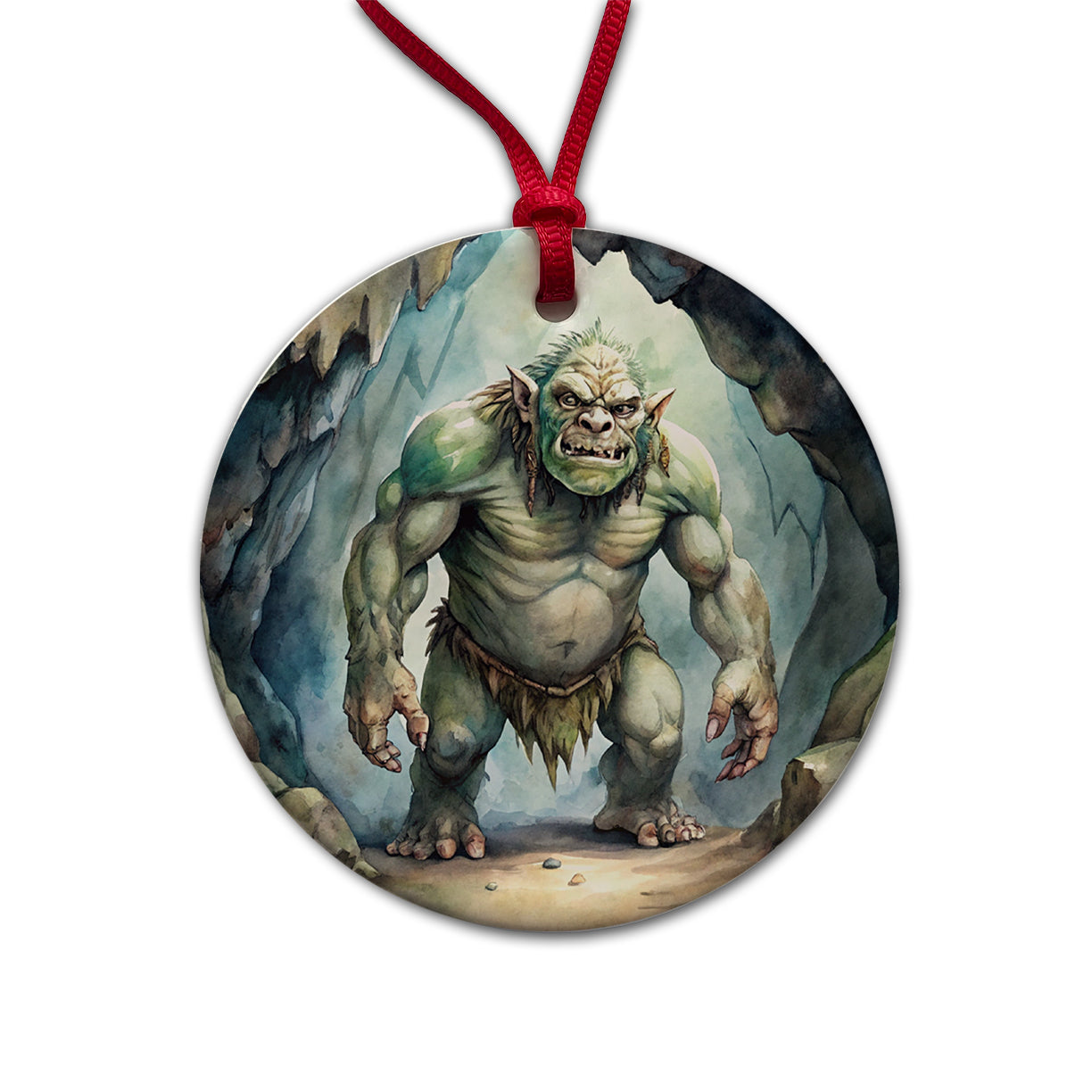 Cave Troll Fantasy Monster Watercolor Round Ceramic Holiday Christmas Tree Ornament
