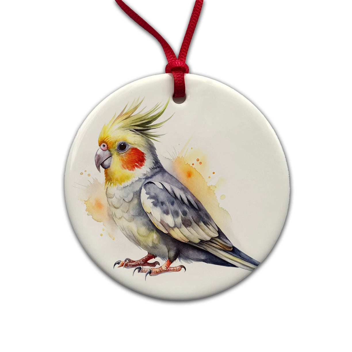 Cockatiel Parrot Bird Watercolor Round Ceramic Holiday Christmas Tree Ornament