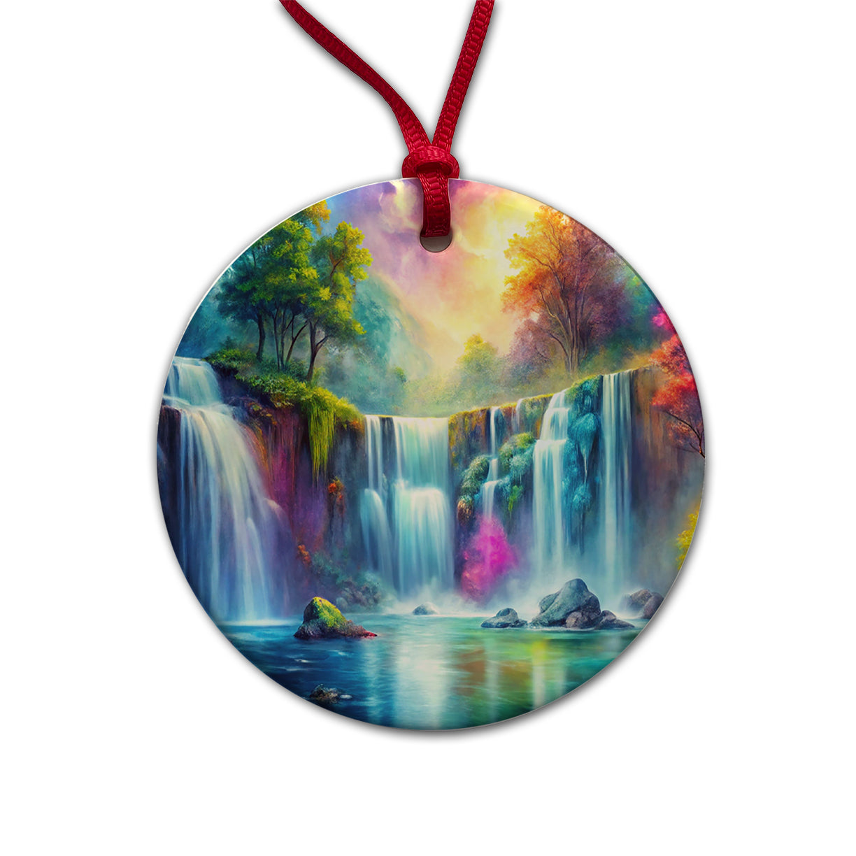 Colorful Fantasy Forest Waterfalls Round Ceramic Holiday Christmas Tree Ornament
