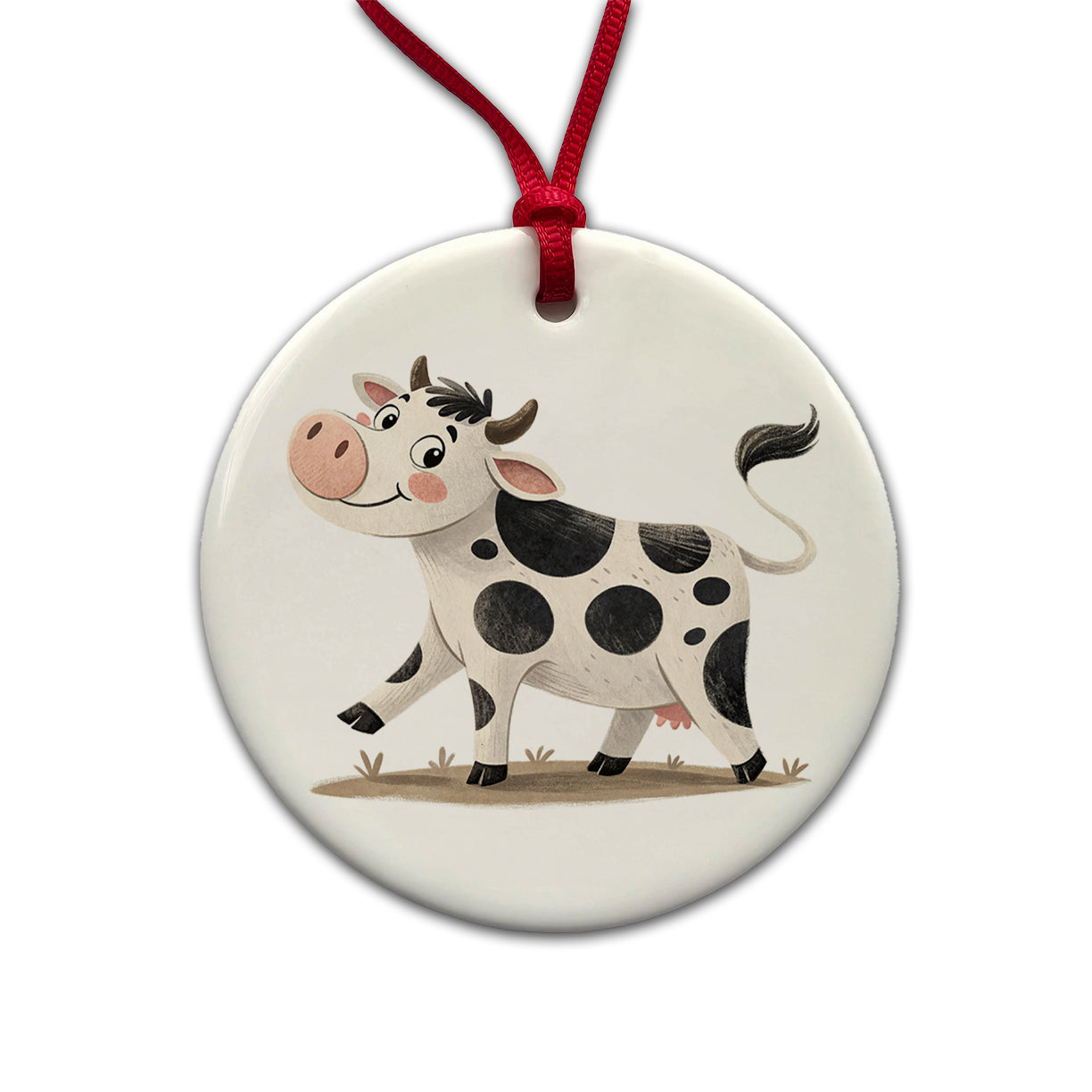 Cow Children's Illustration Style Round Ceramic Holiday Christmas Tree Ornament