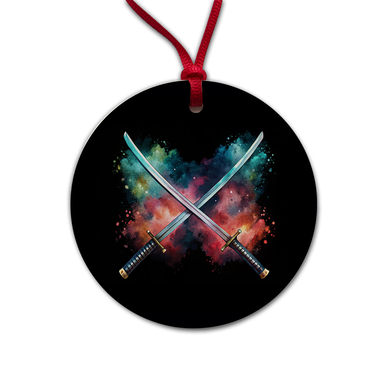 Crossed Katana Samurai Ninja Swords Black Watercolor Round Ceramic Holiday Christmas Tree Ornament