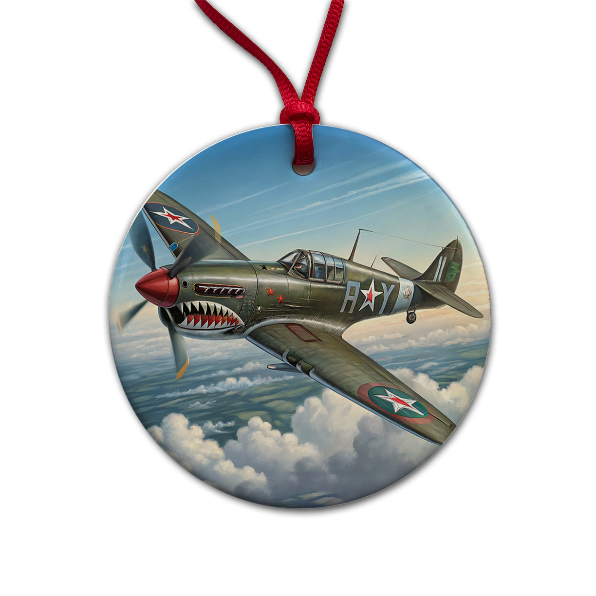 Curtiss P-40 Warhawk WWII US Fighter Bomber Plane Round Ceramic Holiday Christmas Tree Ornament