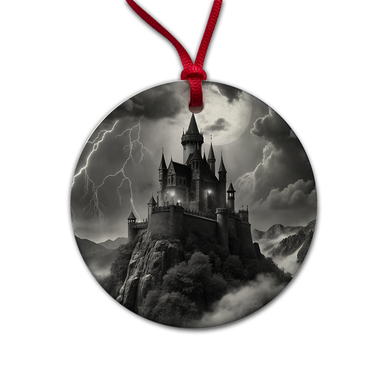 Dark and Foreboding Vampire Castle Round Ceramic Holiday Christmas Tree Ornament