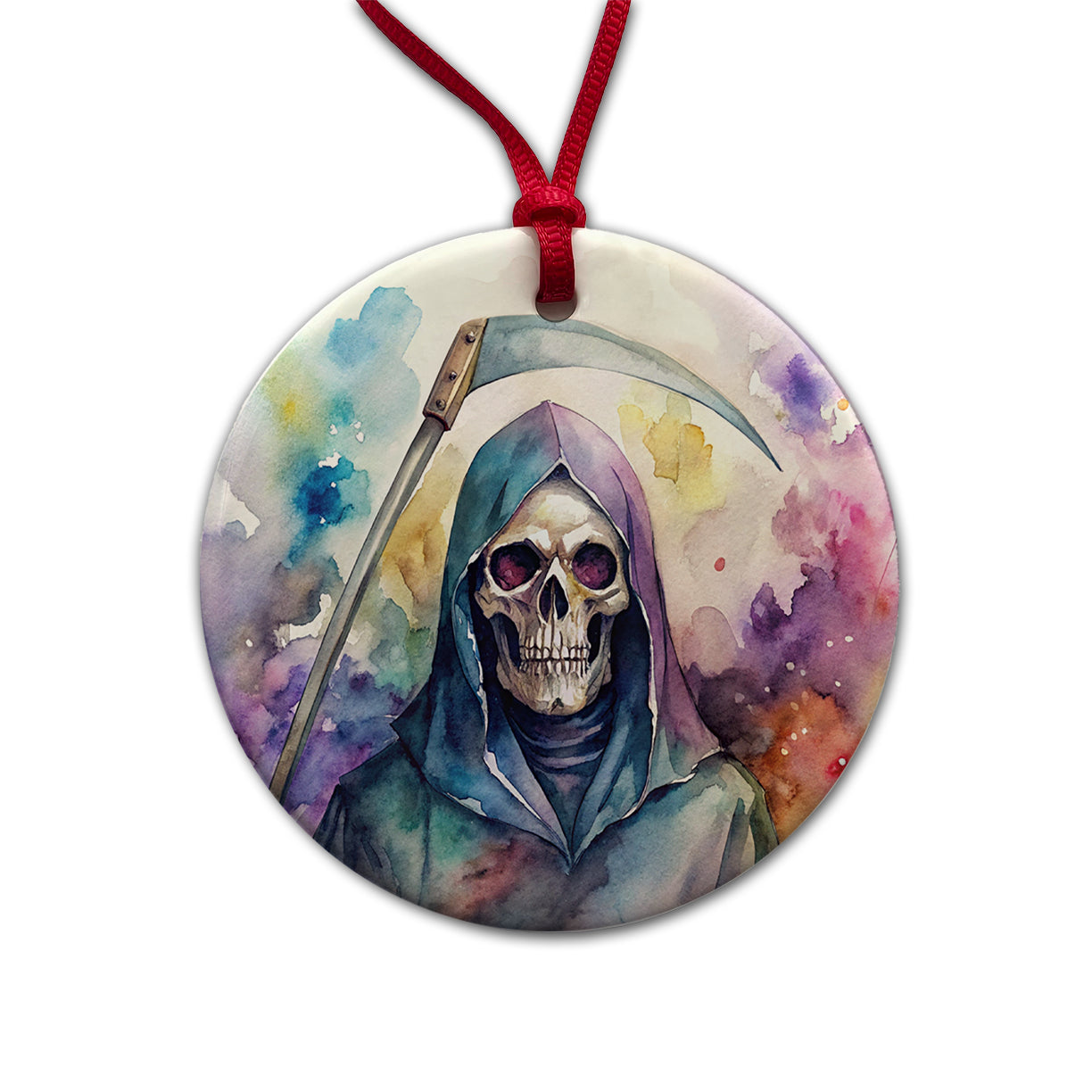 Death Grim Reaper Watercolor Halloween Round Ceramic Holiday Christmas Tree Ornament