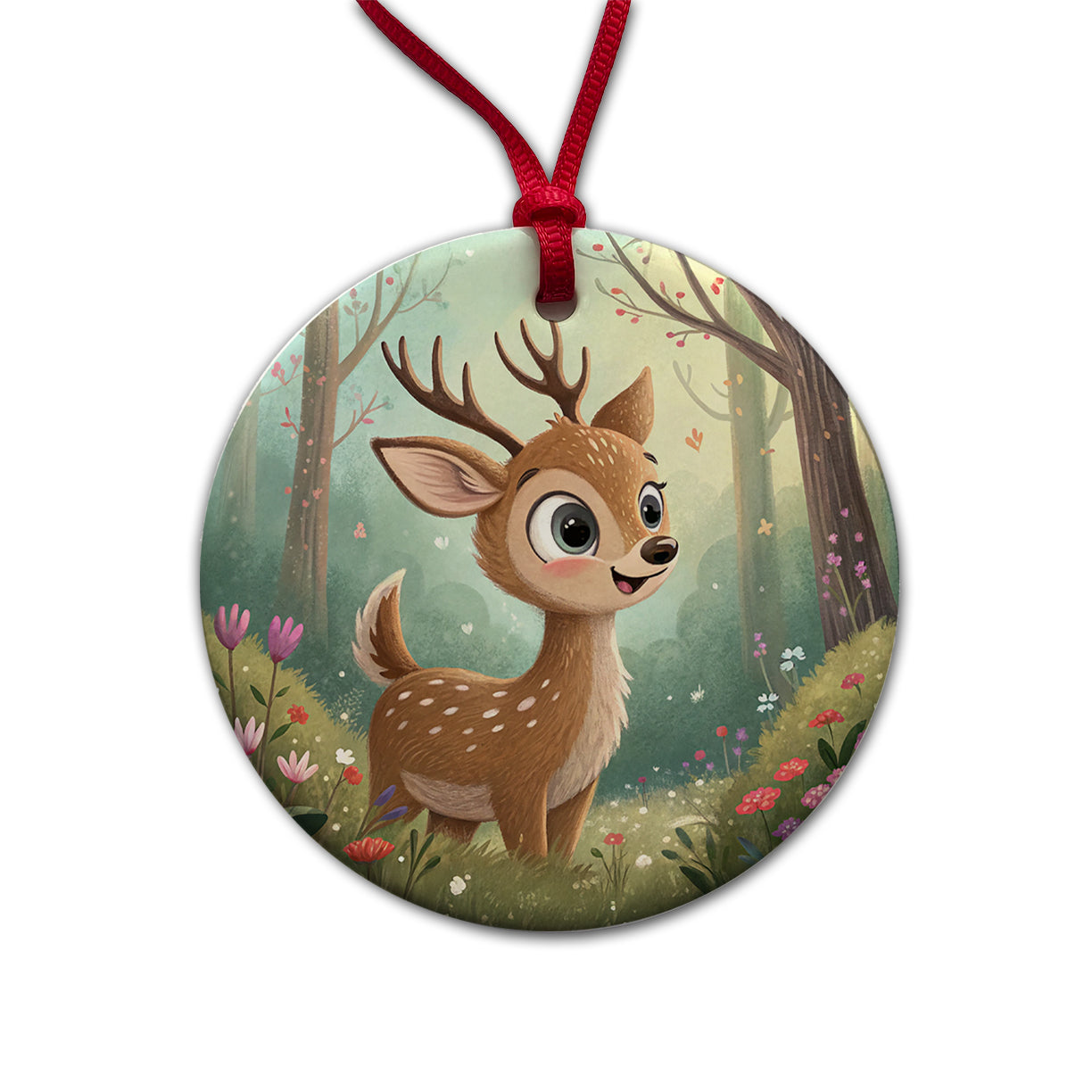 Deer Children's Illustration Style Round Ceramic Holiday Christmas Tree Ornament