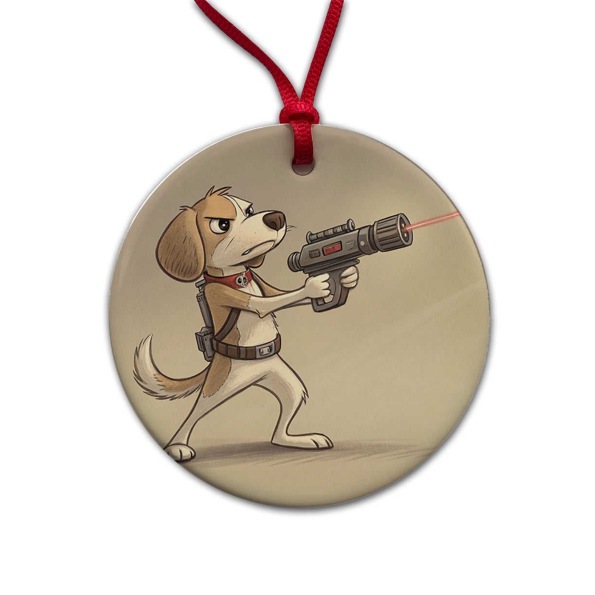 Dog With Laser Gun Sci-fi Cartoon Round Ceramic Holiday Christmas Tree Ornament