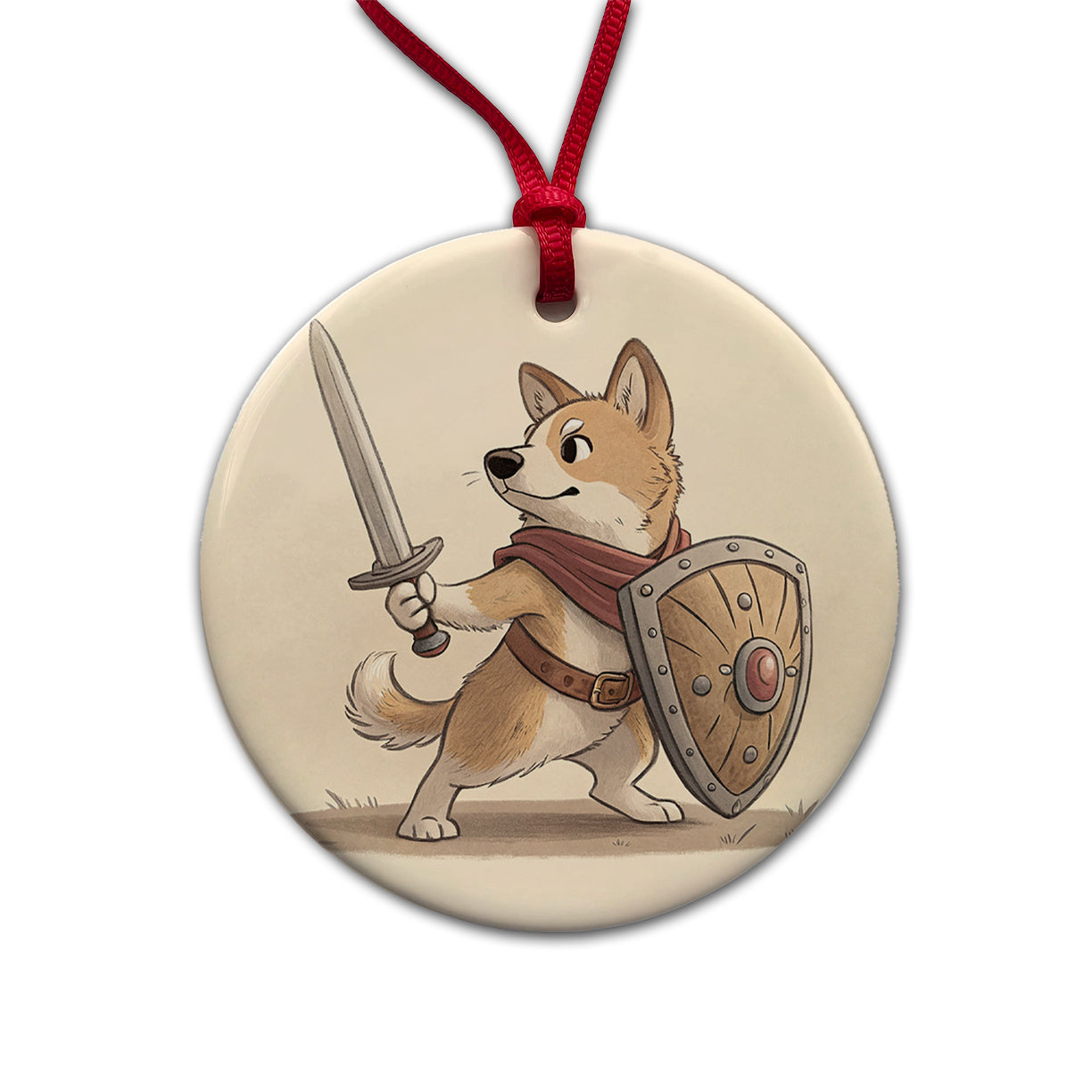 Dog With Sword And Shield Fantasy Medieval Cartoon Round Ceramic Holiday Christmas Tree Ornament