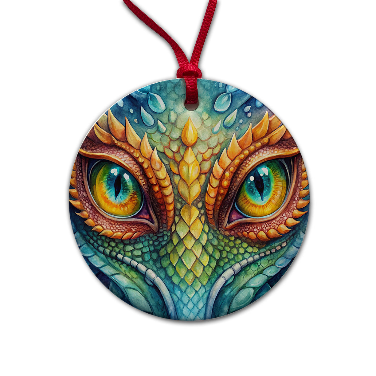 Dragon Eyes Close Up Watercolor Round Ceramic Holiday Christmas Tree Ornament