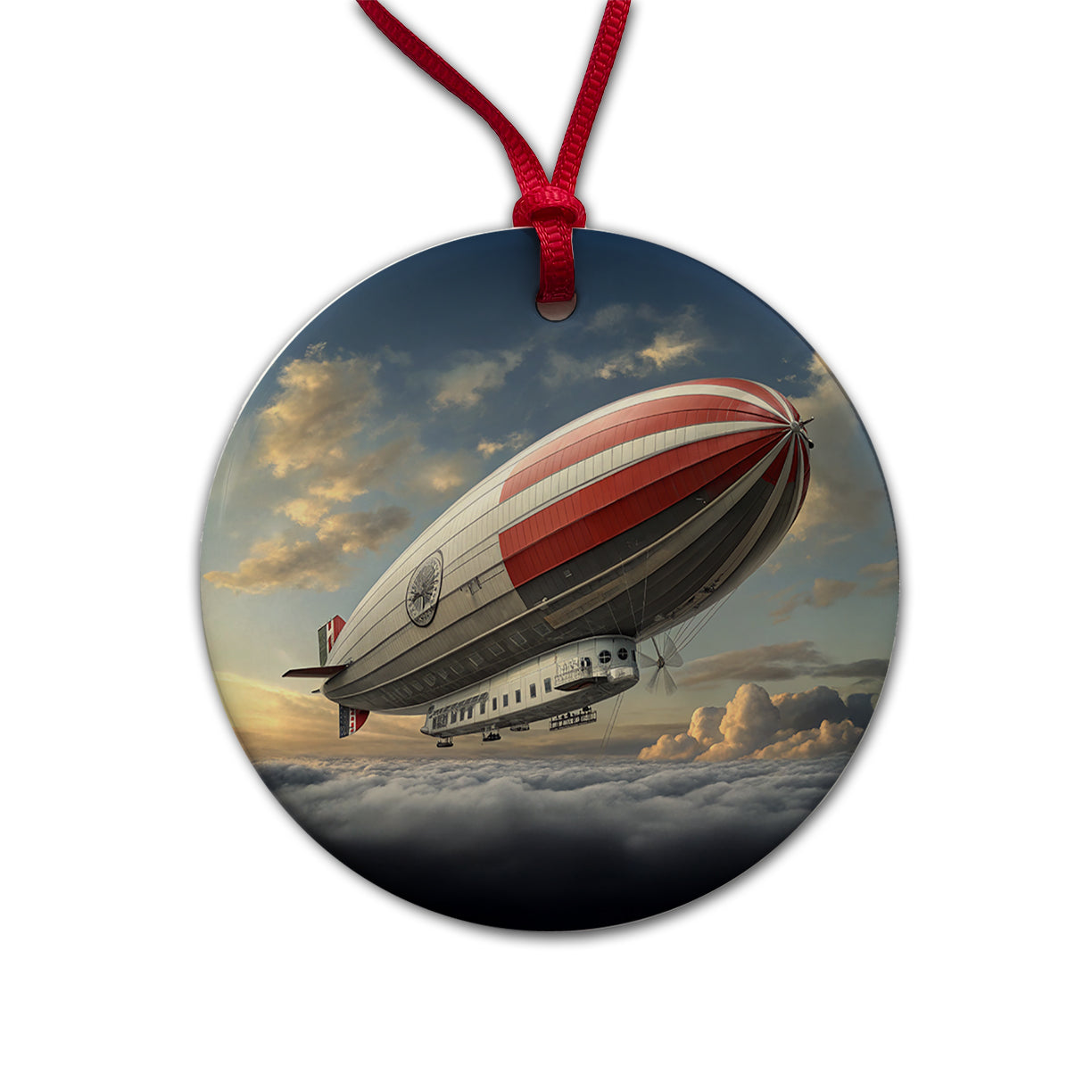 Early 1900's Dirigible Airship Blimp Round Ceramic Holiday Christmas Tree Ornament