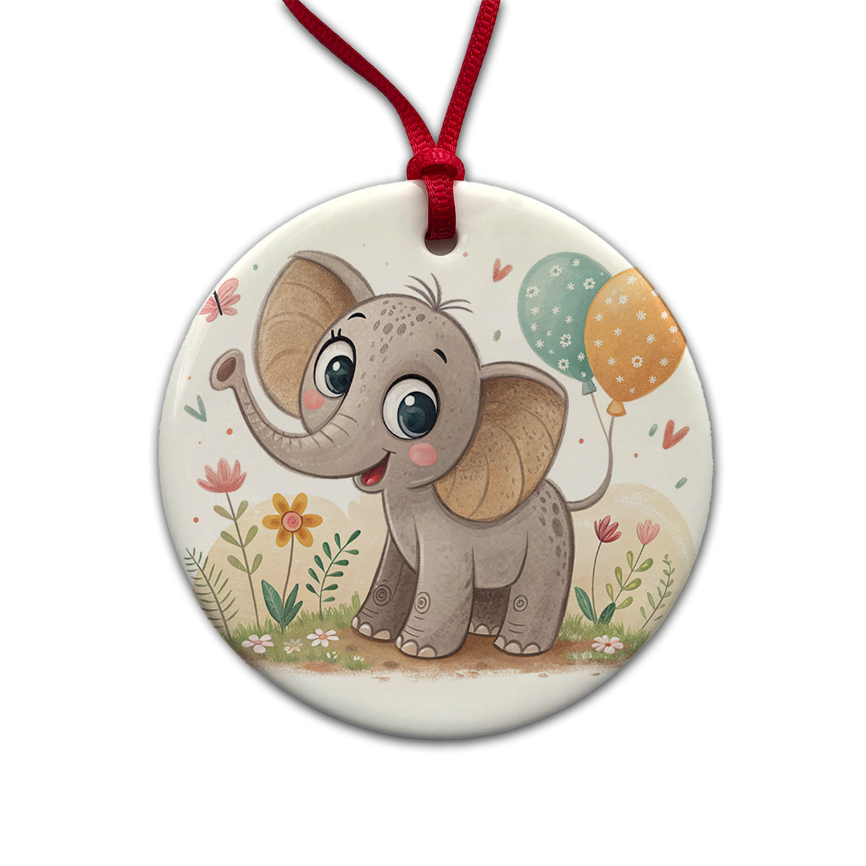 Elephant Children's Illustration Style Round Ceramic Holiday Christmas Tree Ornament