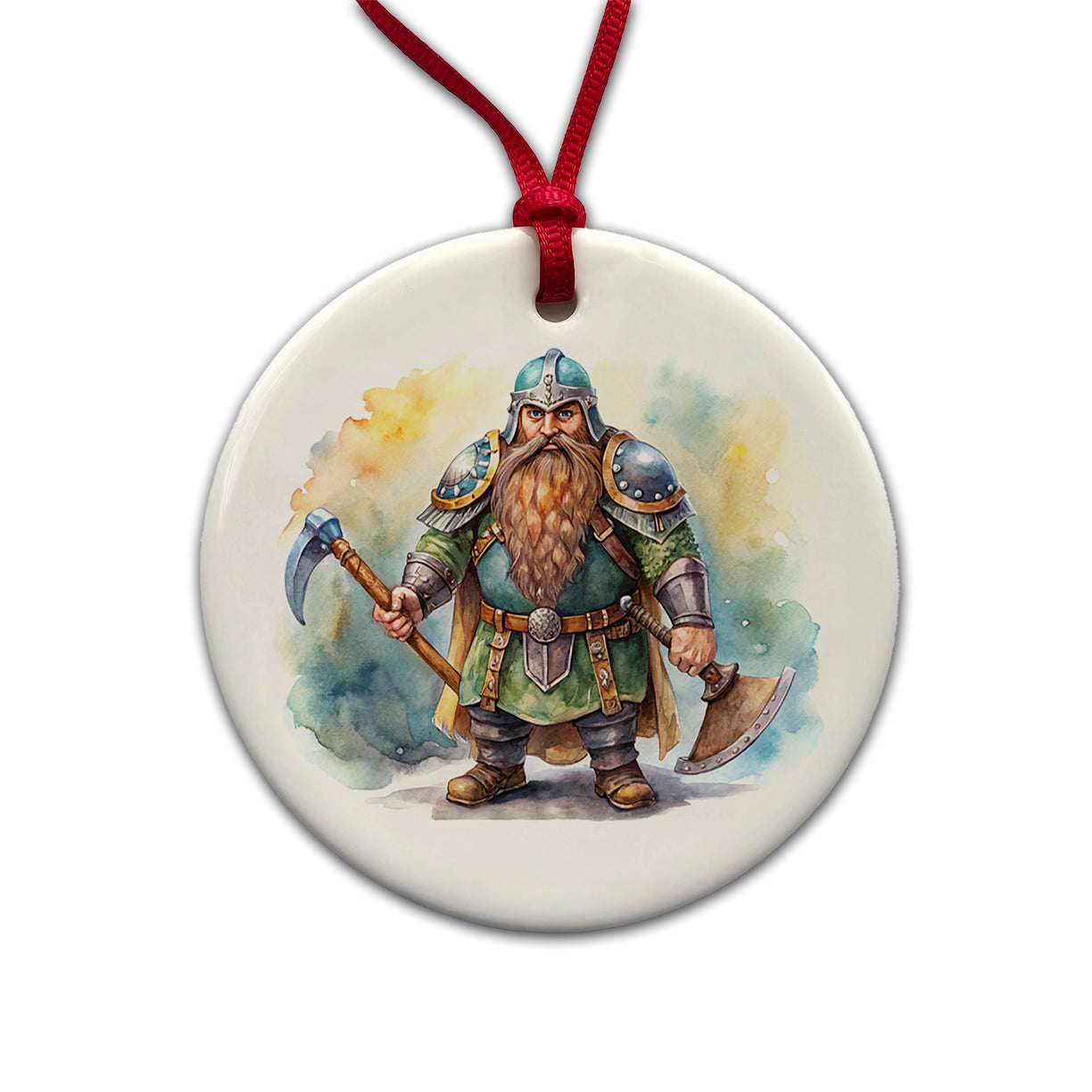 Fantasy Dwarf Fighter Warrior Tank Watercolor Round Ceramic Holiday Christmas Tree Ornament