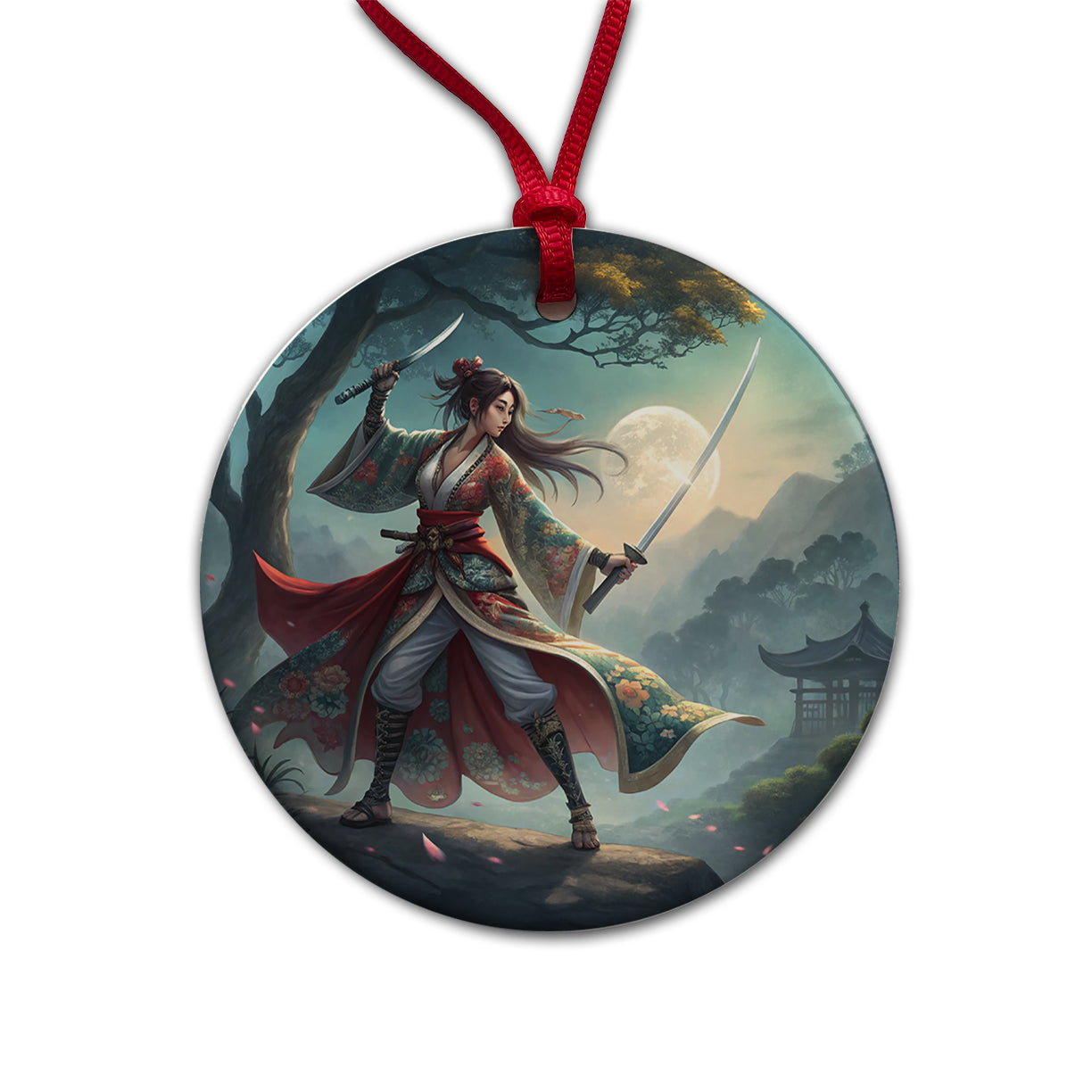 Fantasy Female Warrior Classic Japanese Anime Style Round Ceramic Holiday Christmas Tree Ornament