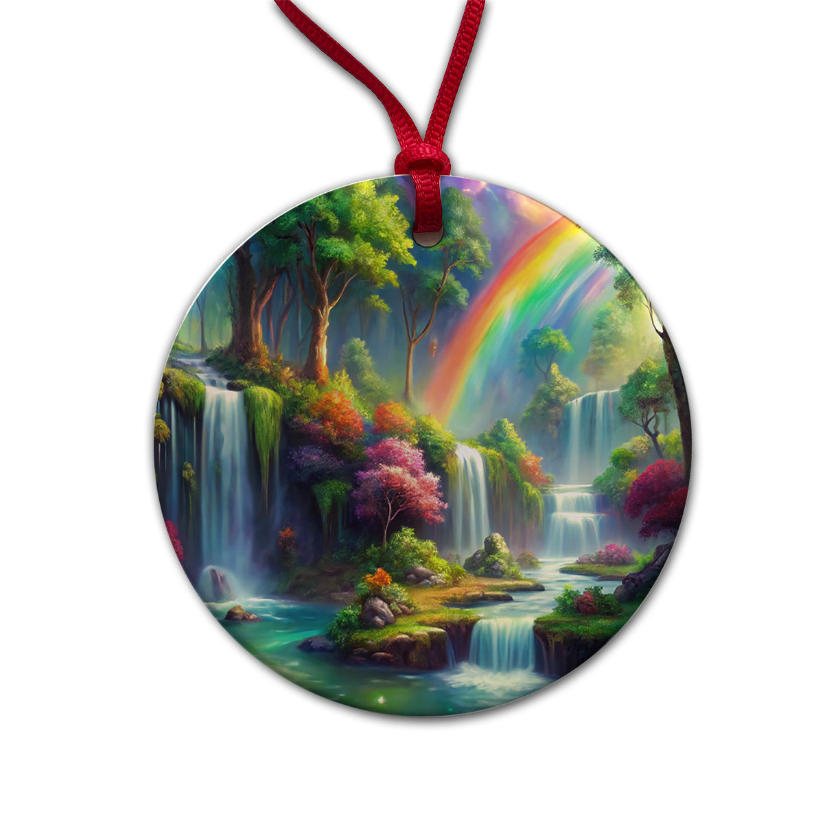 Fantasy Forest Rainbow Waterfalls Watercolor Round Ceramic Holiday Christmas Tree Ornament