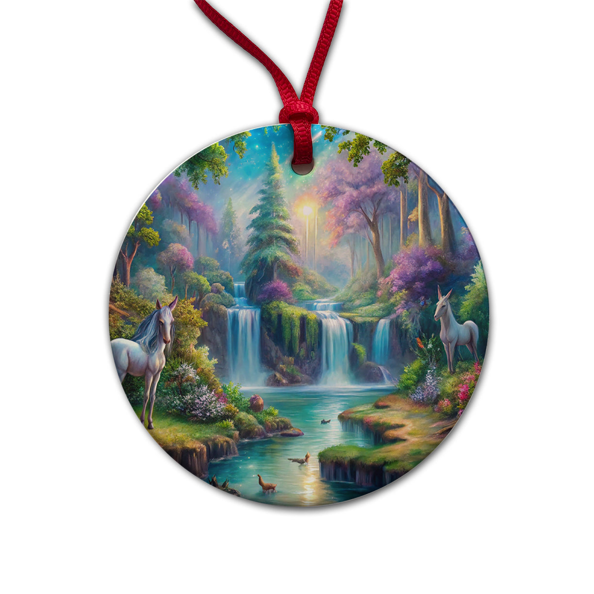 Fantasy Forest Waterfalls and White Horses Watercolor Round Ceramic Holiday Christmas Tree Ornament