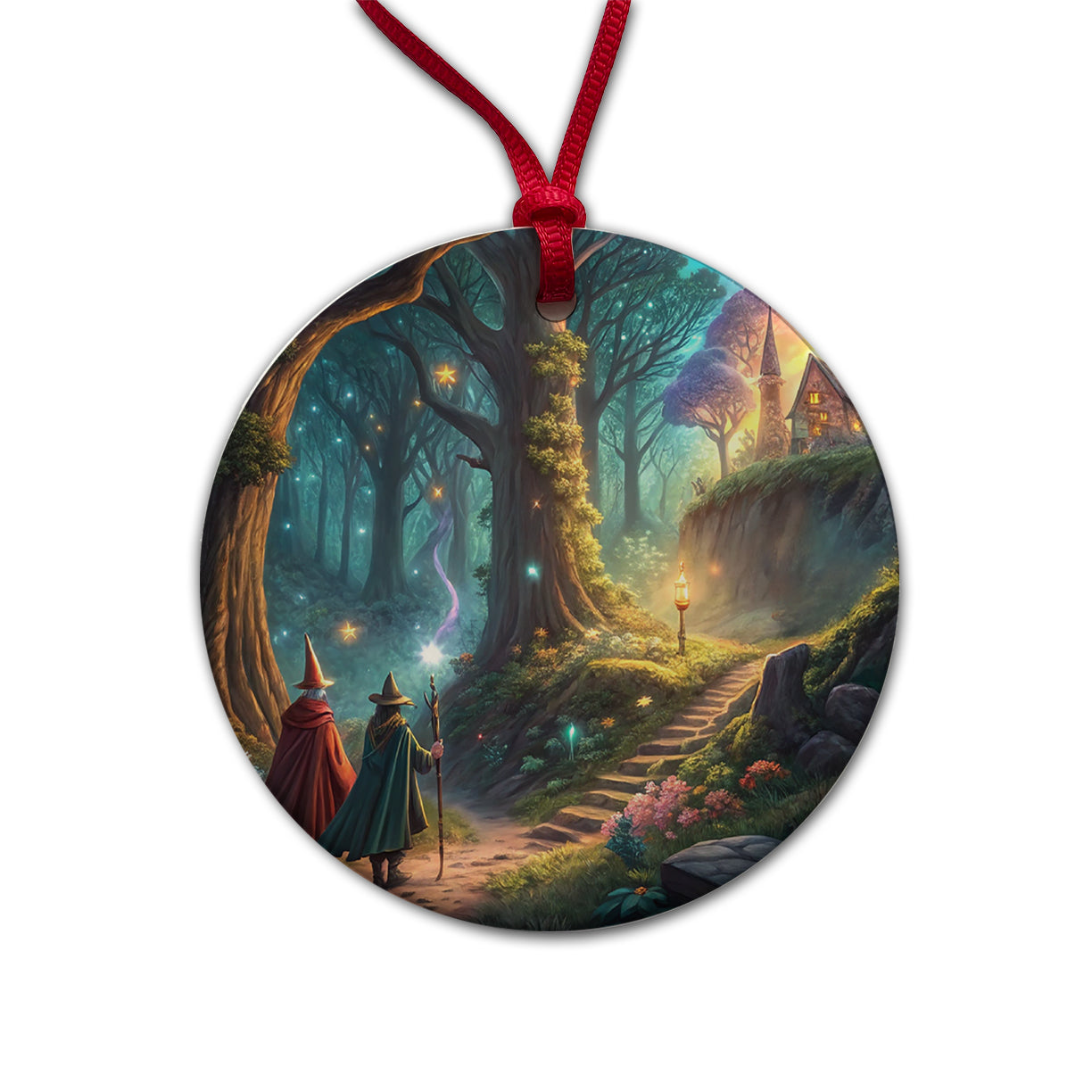 Fantasy Forest with Wizards Round Ceramic Holiday Christmas Tree Ornament