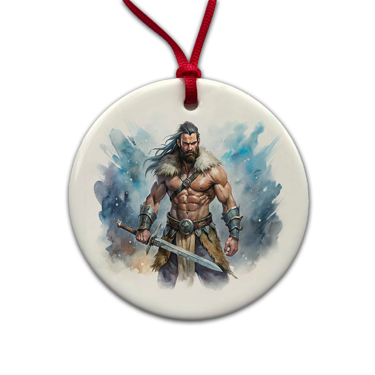 Fantasy Male Barbarian With Two-Handed Sword Round Ceramic Holiday Christmas Tree Ornament