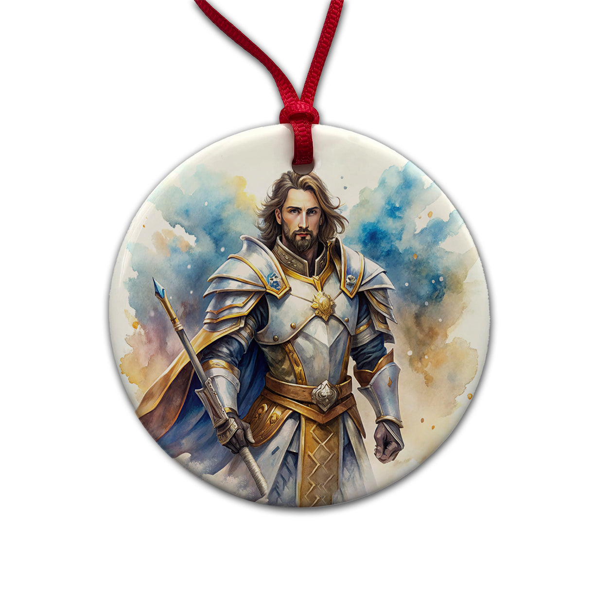 Fantasy Male Paladin Warrior Watercolor Round Ceramic Holiday Christmas Tree Ornament