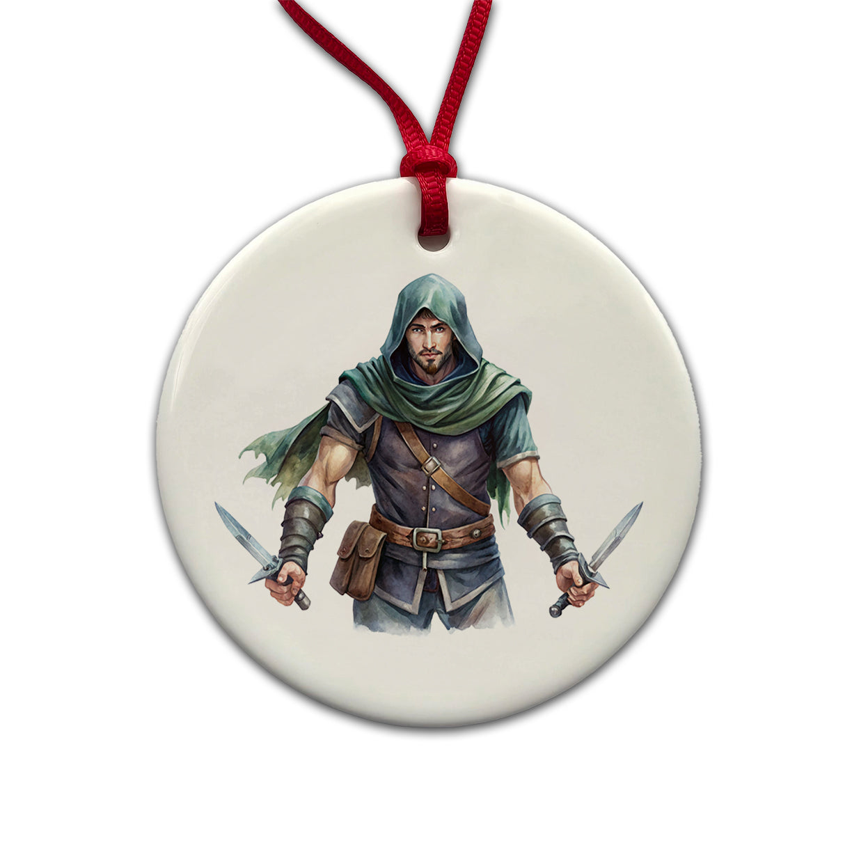 Fantasy Male Thief Rogue with Daggers Watercolor Round Ceramic Holiday Christmas Tree Ornament