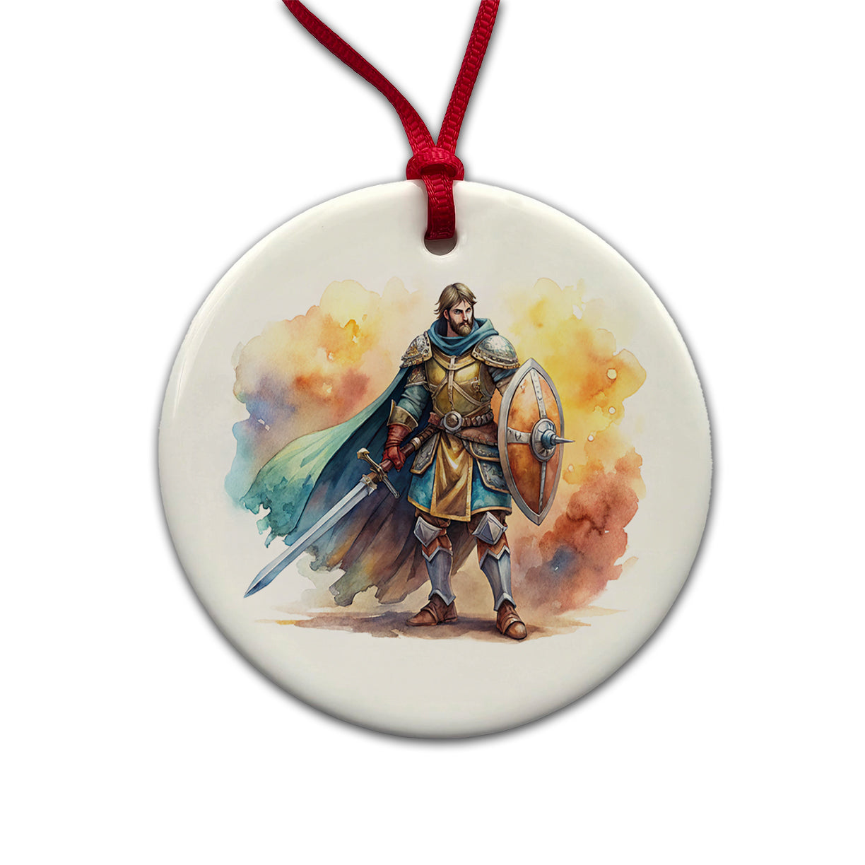Fantasy Male Warrior Fighter With Sword And Shield Tank Round Ceramic Holiday Christmas Tree Ornament