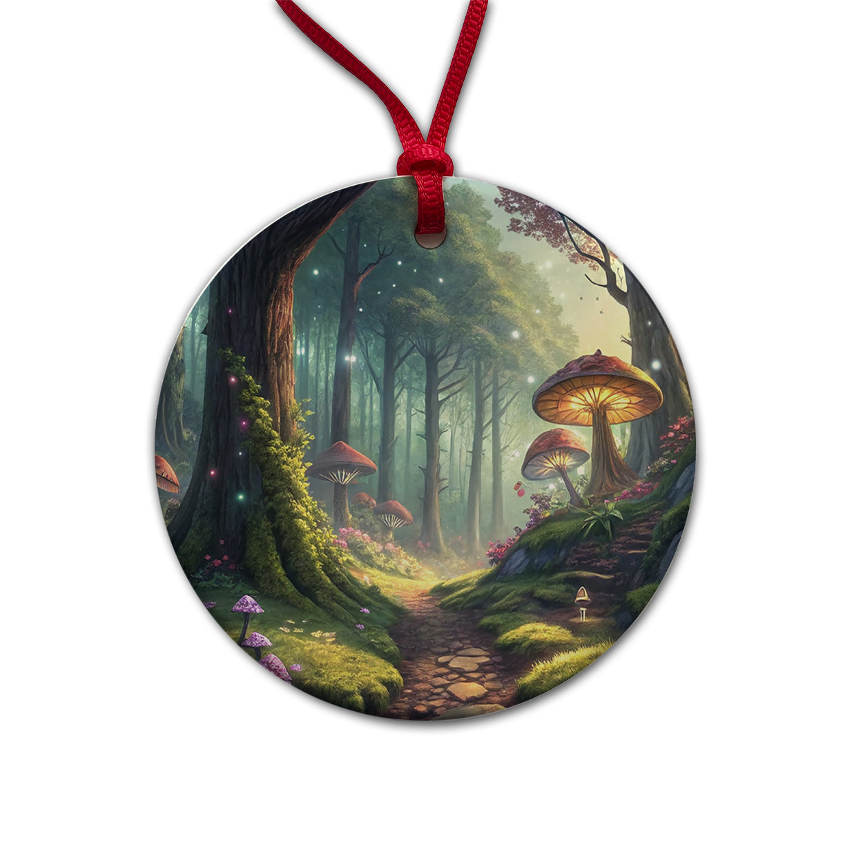 Fantasy Mushroom Forest Mystical Anime Style Round Ceramic Holiday Christmas Tree Ornament
