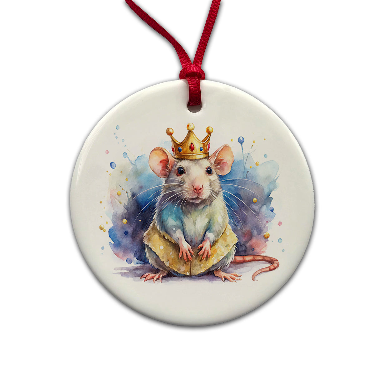 Fantasy Rat Mouse King Watercolor Round Ceramic Holiday Christmas Tree Ornament