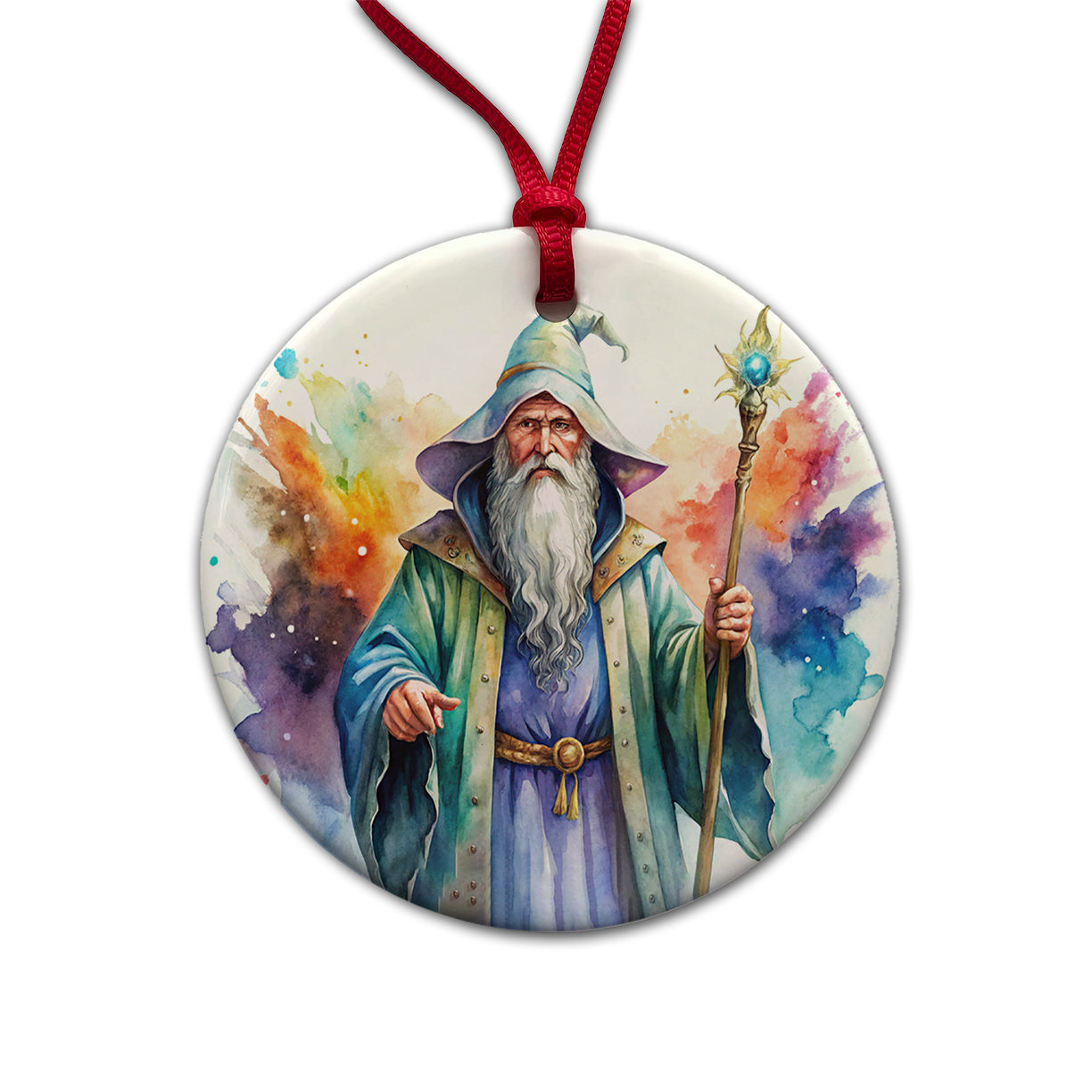 Fantasy Wizard Magician Magic User Watercolor Round Ceramic Holiday Christmas Tree Ornament