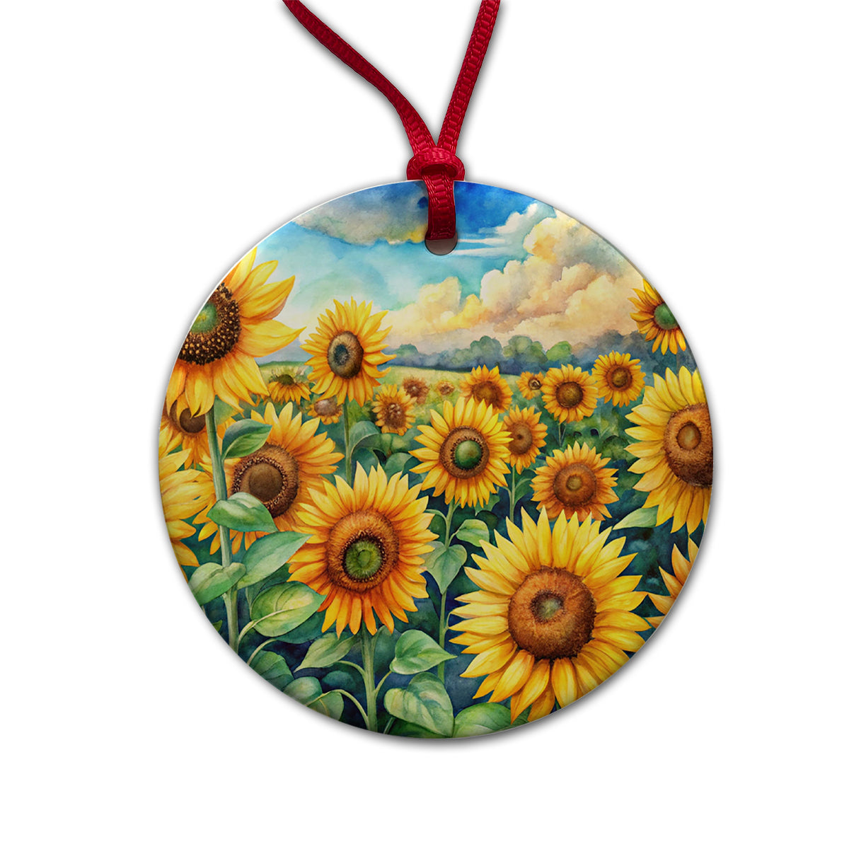 Field Of Sunflowers Watercolor Round Ceramic Holiday Christmas Tree Ornament