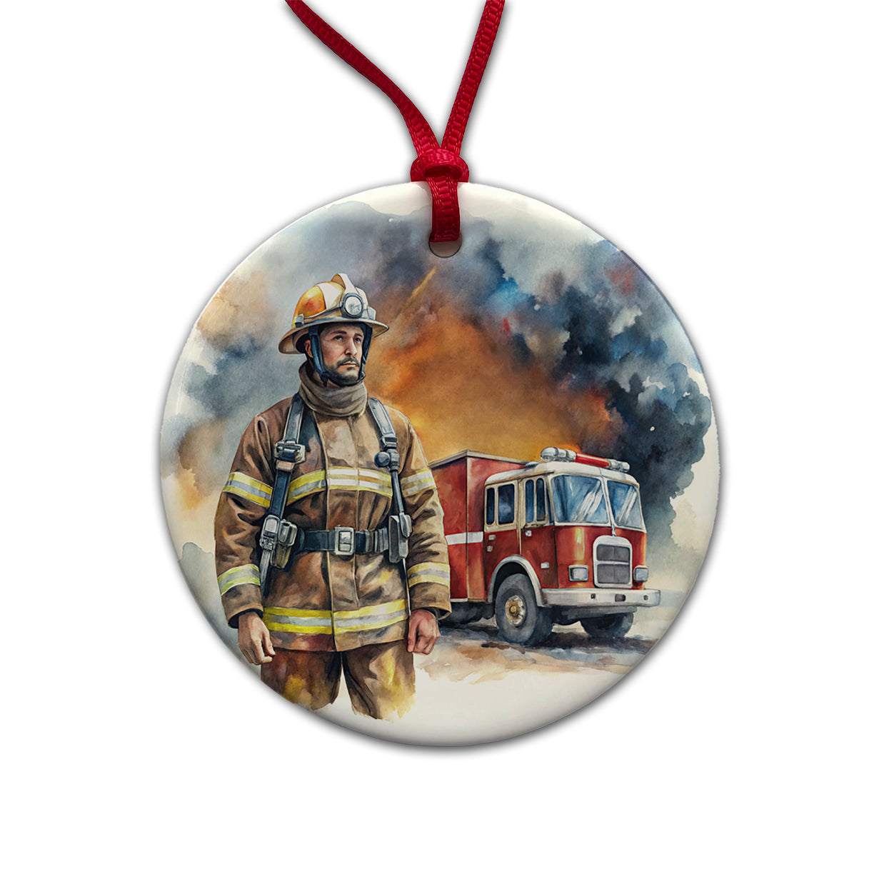Firefighter and Fire Engine Watercolor Round Ceramic Holiday Christmas Tree Ornament
