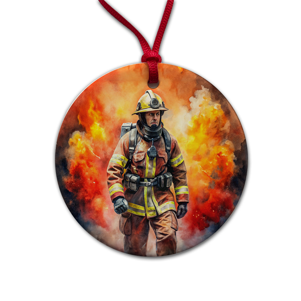 Firefighter Walking Out of Flames Watercolor Round Ceramic Holiday Christmas Tree Ornament