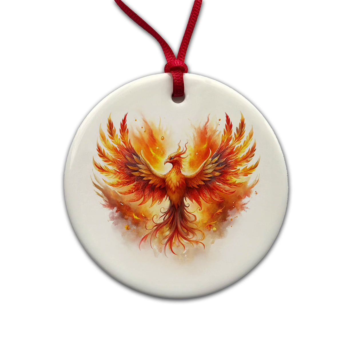 Flaming Phoenix Rising Fantasy Watercolor Round Ceramic Holiday Christmas Tree Ornament