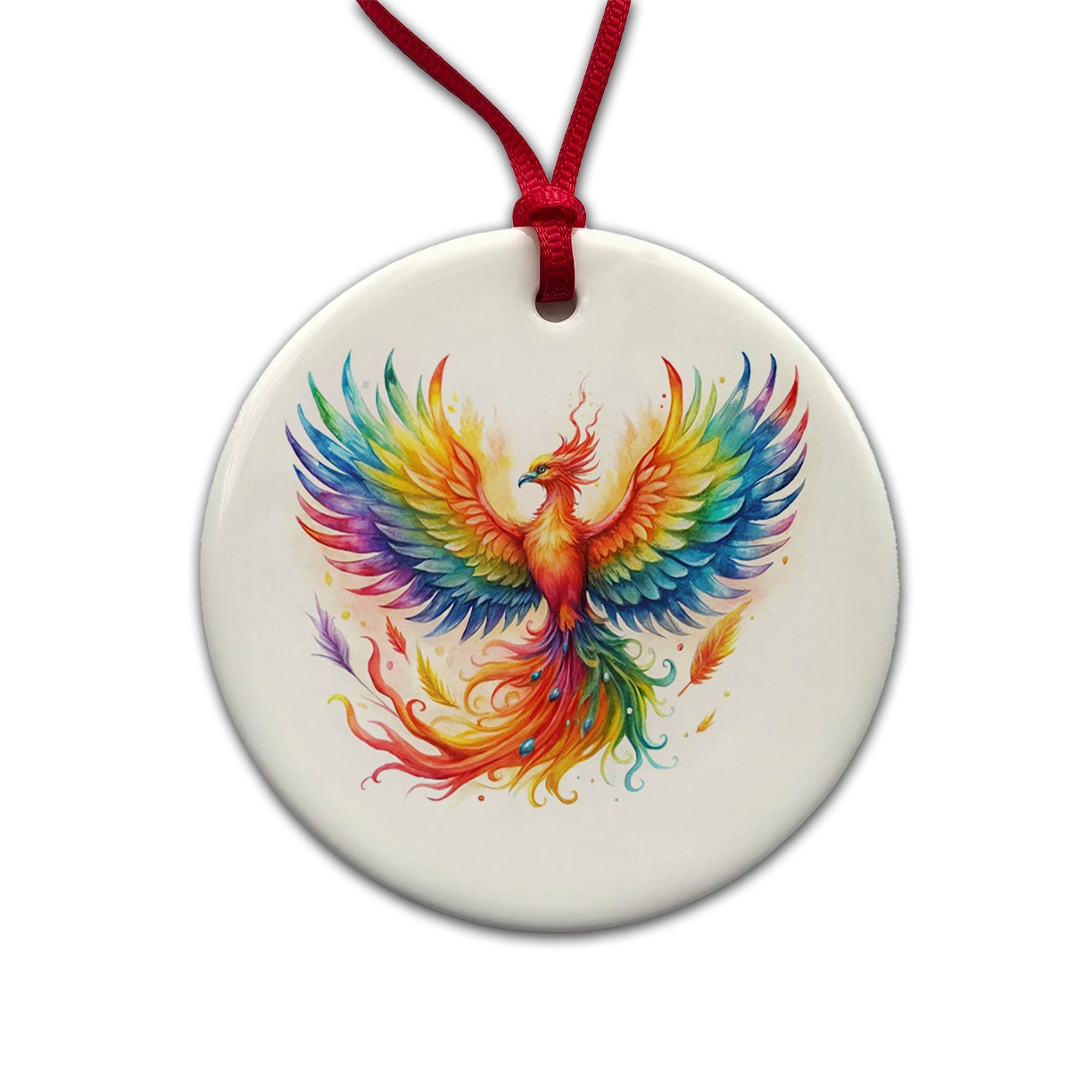 Flaming Rainbow Phoenix Rising Fantasy Watercolor Round Ceramic Holiday Christmas Tree Ornament